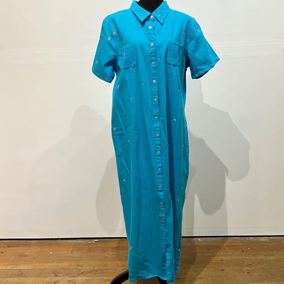 Denim & Co Blue embroidered button-down maxi dress - Picture 1 of 13